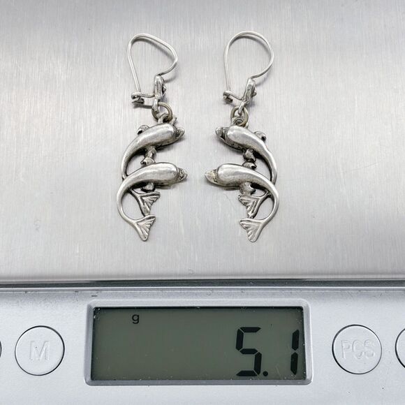 Vintage Sterling Silver 925 Dolphins Swimming Dangle Earrings - Picture 5 of 5